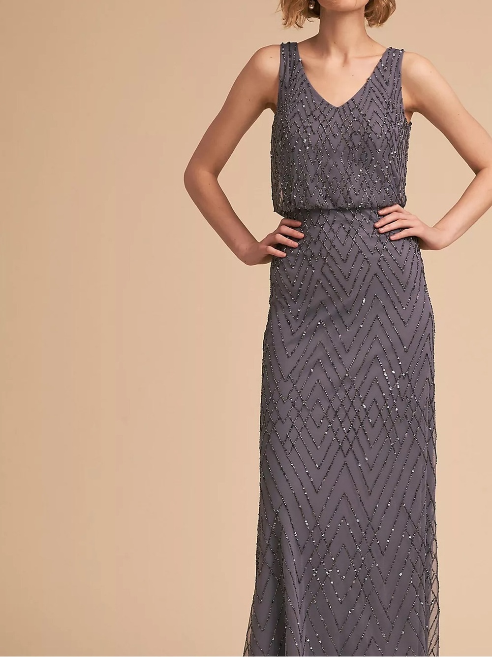 Anthropologie BHLDN Blaise Beaded Maxi Dress Formal Gown Gray Size 6